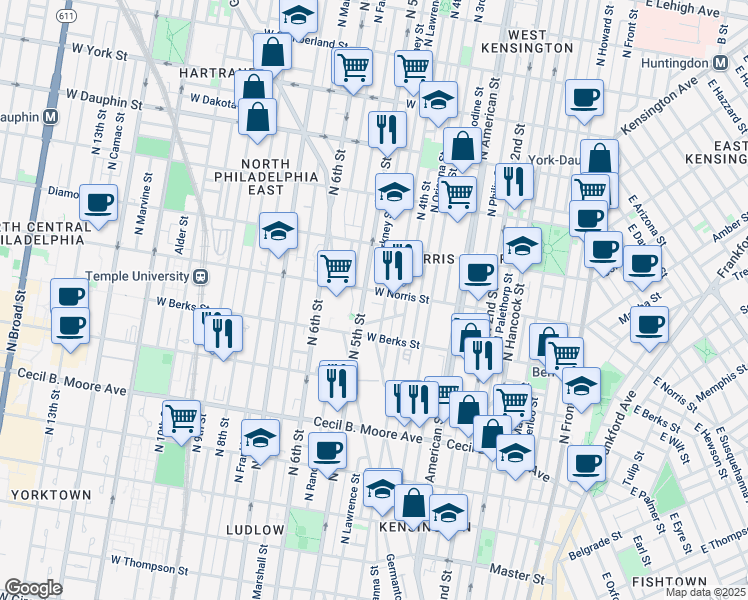 map of restaurants, bars, coffee shops, grocery stores, and more near 441 Arlington Street in Philadelphia