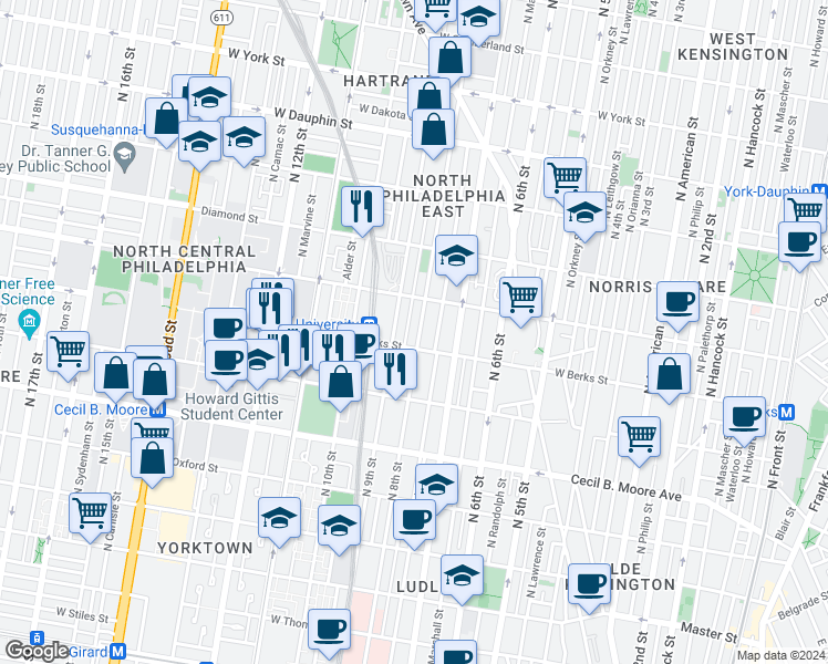 map of restaurants, bars, coffee shops, grocery stores, and more near 1917 North 9th Street in Philadelphia