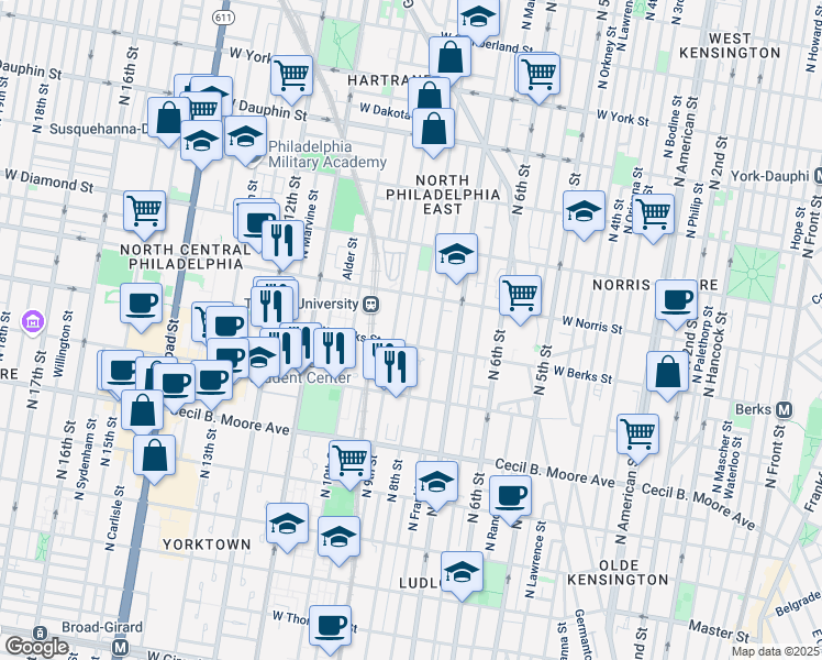 map of restaurants, bars, coffee shops, grocery stores, and more near 1919 North Darien Street in Philadelphia