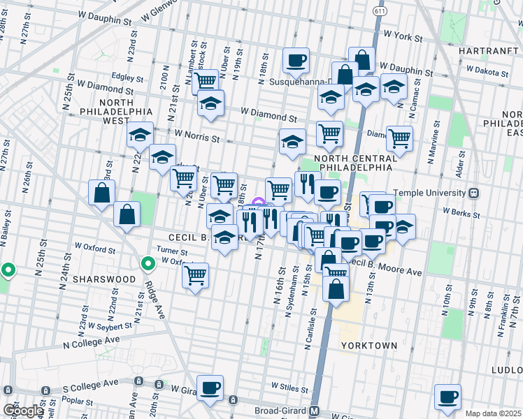 map of restaurants, bars, coffee shops, grocery stores, and more near 1725 West Montgomery Avenue in Philadelphia