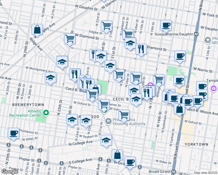 map of restaurants, bars, coffee shops, grocery stores, and more near 1723 North 21st Street in Philadelphia