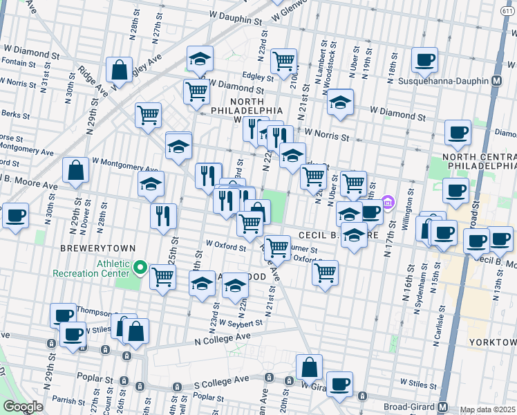 map of restaurants, bars, coffee shops, grocery stores, and more near in Philadelphia