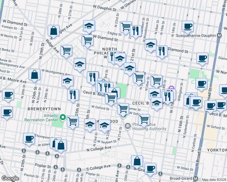 map of restaurants, bars, coffee shops, grocery stores, and more near in Philadelphia
