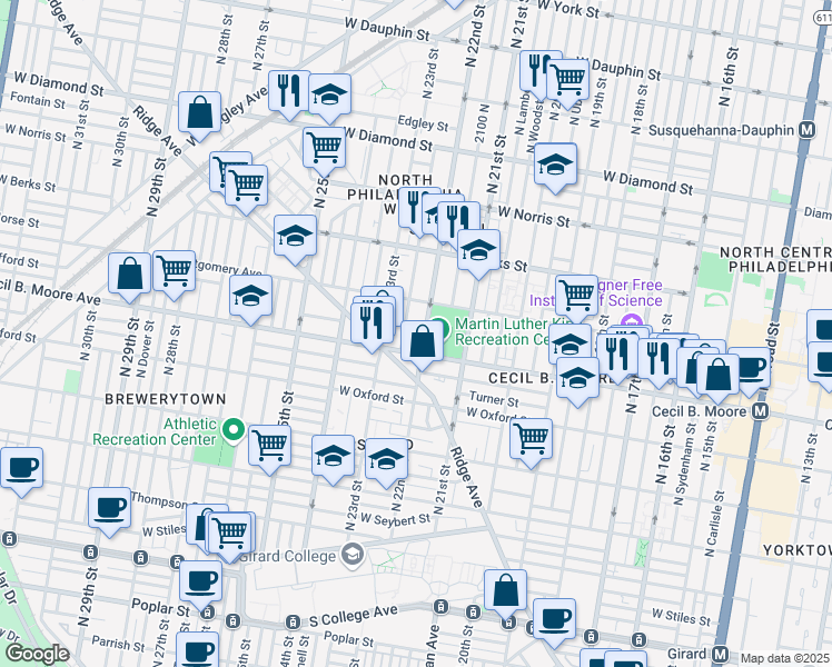 map of restaurants, bars, coffee shops, grocery stores, and more near in Philadelphia