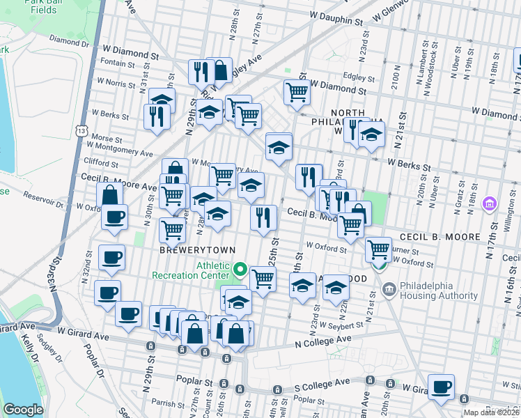 map of restaurants, bars, coffee shops, grocery stores, and more near 2519 Cecil B. Moore Avenue in Philadelphia