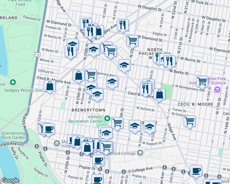 map of restaurants, bars, coffee shops, grocery stores, and more near 2519 Cecil B. Moore Avenue in Philadelphia