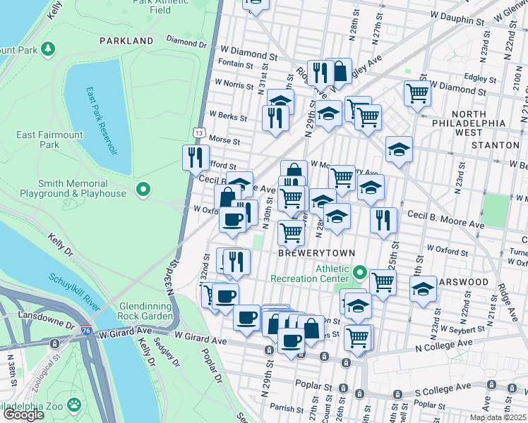 map of restaurants, bars, coffee shops, grocery stores, and more near 3017 West Oxford Street in Philadelphia