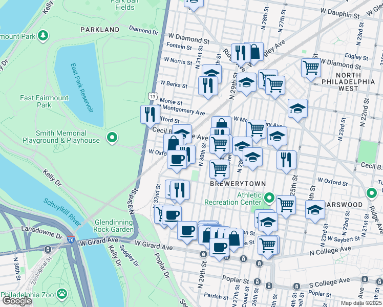 map of restaurants, bars, coffee shops, grocery stores, and more near 3017 West Oxford Street in Philadelphia