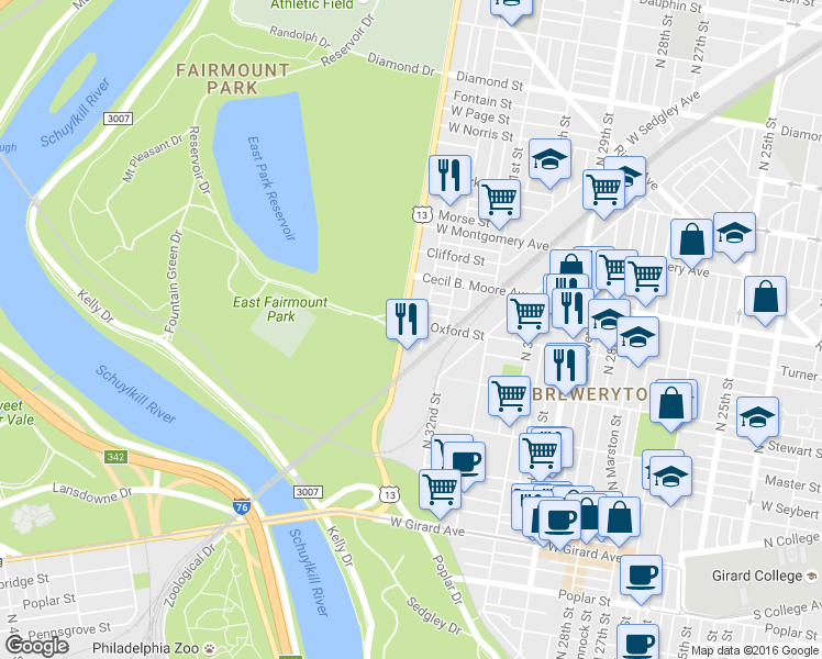 map of restaurants, bars, coffee shops, grocery stores, and more near in Philadelphia