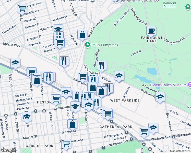 map of restaurants, bars, coffee shops, grocery stores, and more near 5218 Parkside Avenue in Philadelphia
