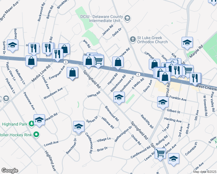 map of restaurants, bars, coffee shops, grocery stores, and more near 27 Harmil Road in Broomall