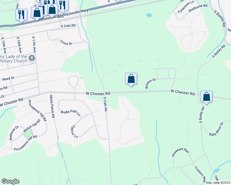 map of restaurants, bars, coffee shops, grocery stores, and more near 2025 West Chester Road in Chester County