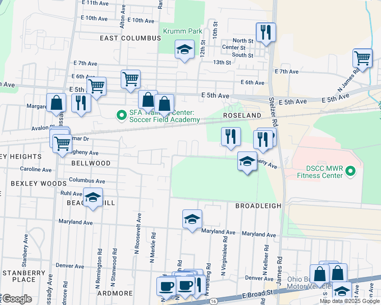 map of restaurants, bars, coffee shops, grocery stores, and more near 3036 Allegheny Avenue in Columbus
