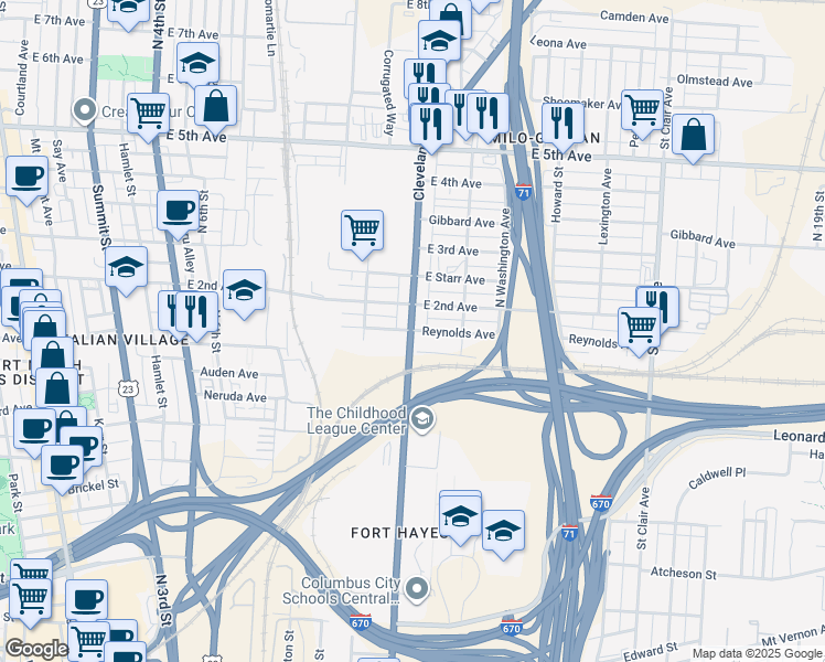 map of restaurants, bars, coffee shops, grocery stores, and more near 568 Reynolds Avenue in Columbus