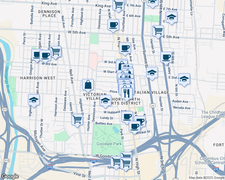map of restaurants, bars, coffee shops, grocery stores, and more near 98 Price Avenue in Columbus