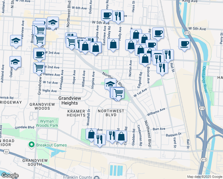 map of restaurants, bars, coffee shops, grocery stores, and more near 1096 Hilo Lane in Columbus