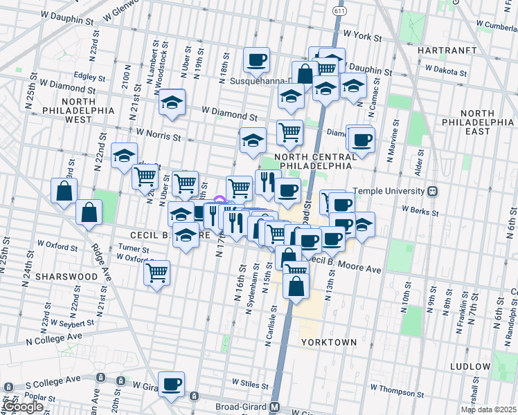 map of restaurants, bars, coffee shops, grocery stores, and more near 1801-15 North 16th Street in Philadelphia
