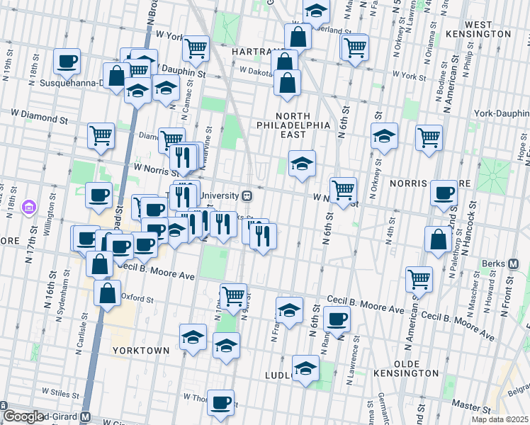 map of restaurants, bars, coffee shops, grocery stores, and more near 1917 North 9th Street in Philadelphia