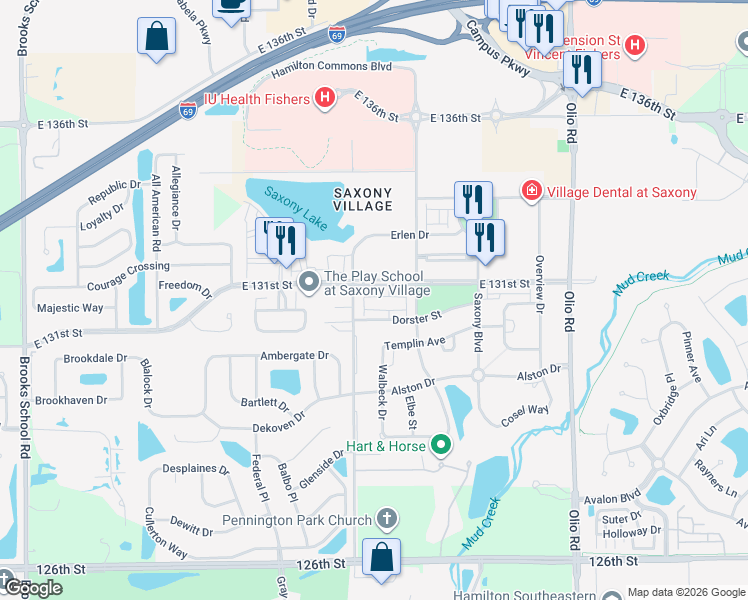 map of restaurants, bars, coffee shops, grocery stores, and more near 13288 E Lieder Way in Fishers