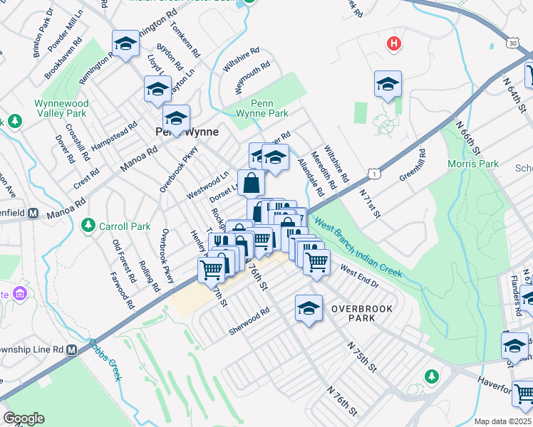 map of restaurants, bars, coffee shops, grocery stores, and more near 35 Haverford Road in Wynnewood