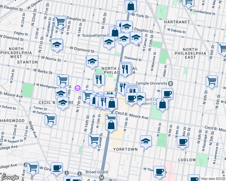 map of restaurants, bars, coffee shops, grocery stores, and more near 1822 North Broad Street in Philadelphia