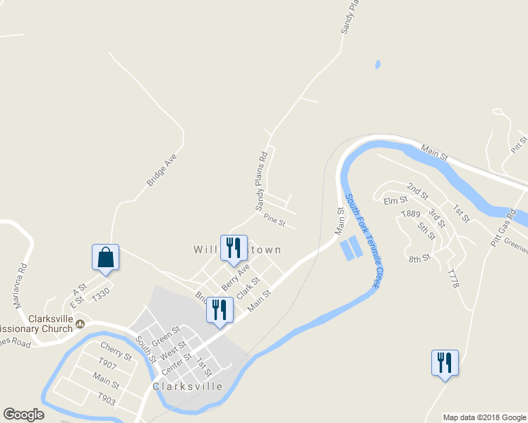 map of restaurants, bars, coffee shops, grocery stores, and more near 3 Pine Street in Clarksville