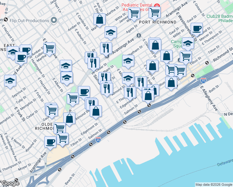 map of restaurants, bars, coffee shops, grocery stores, and more near 2820 Almond Street in Philadelphia