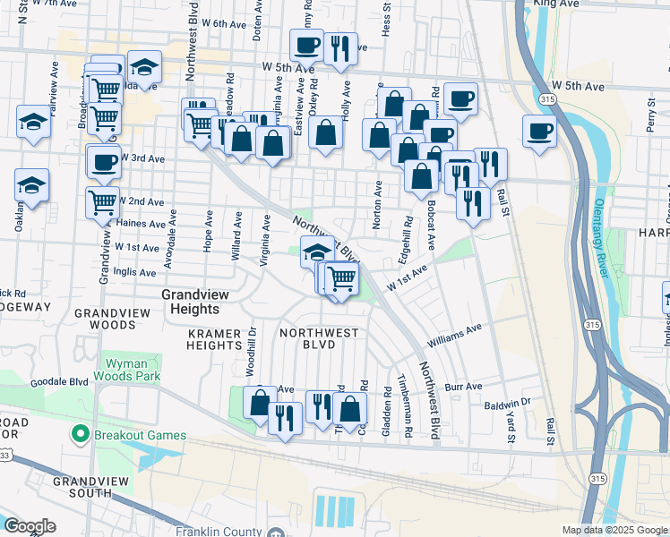 map of restaurants, bars, coffee shops, grocery stores, and more near 1096 Hilo Lane in Columbus
