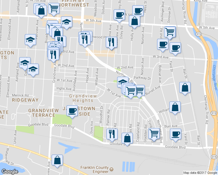 map of restaurants, bars, coffee shops, grocery stores, and more near 1208 West 1st Avenue in Columbus