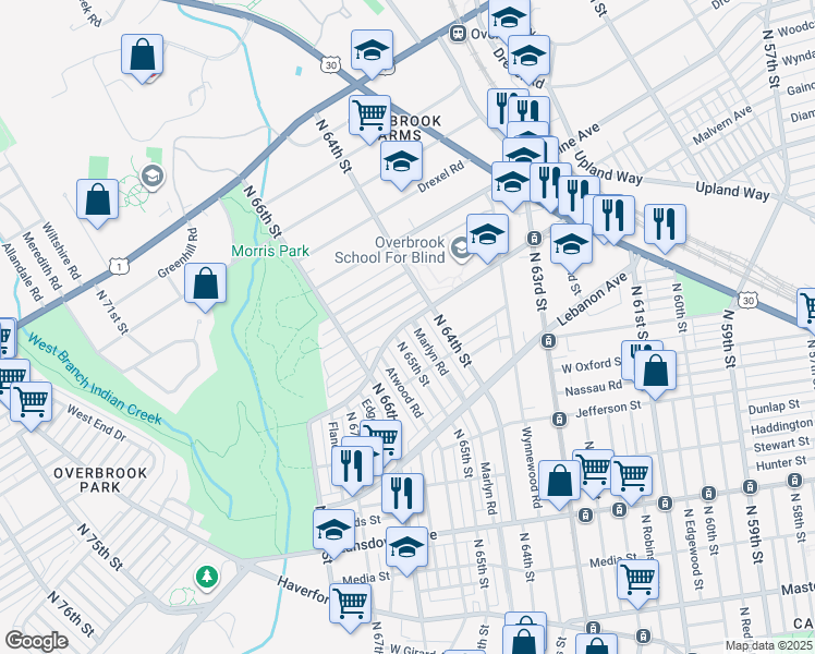 map of restaurants, bars, coffee shops, grocery stores, and more near 6400 Malvern Avenue in Philadelphia