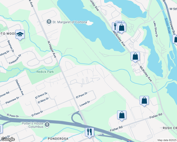map of restaurants, bars, coffee shops, grocery stores, and more near 1344 Cascade Court in Columbus