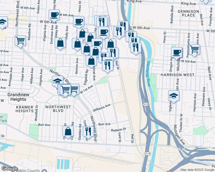map of restaurants, bars, coffee shops, grocery stores, and more near 995 Yard Street in Grandview Heights