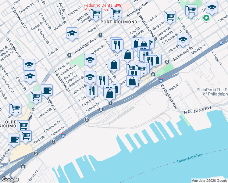map of restaurants, bars, coffee shops, grocery stores, and more near 2728 East Indiana Avenue in Philadelphia