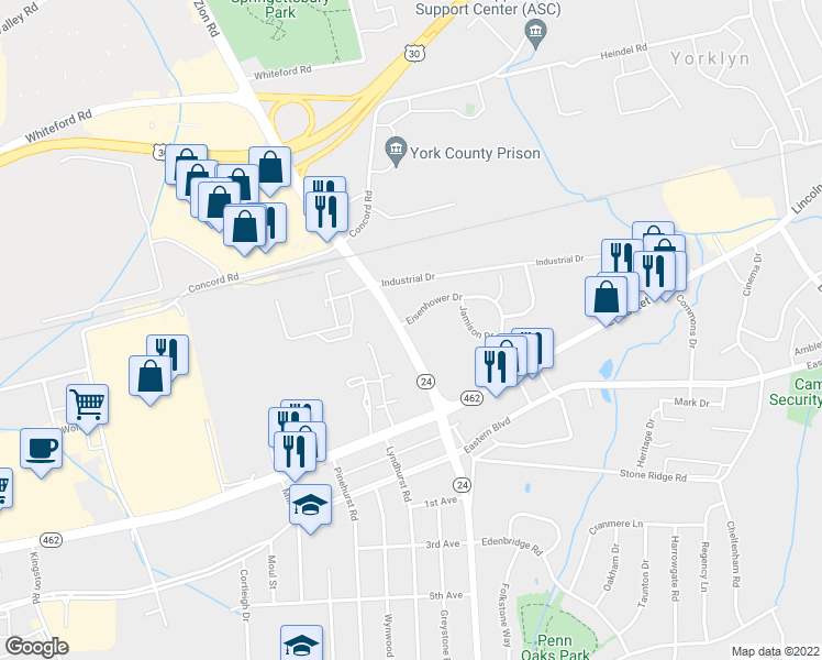 map of restaurants, bars, coffee shops, grocery stores, and more near 59 Mt Zion Rd in York