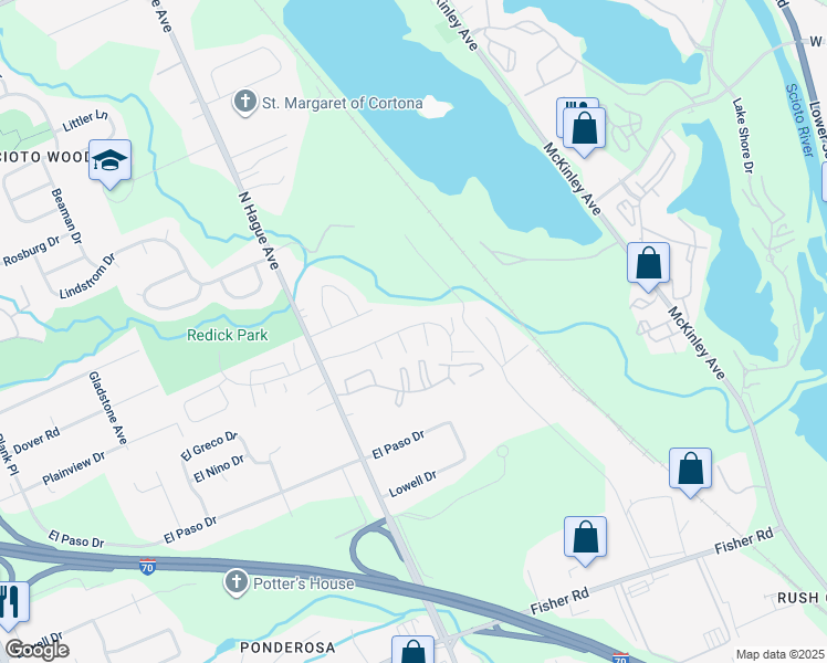 map of restaurants, bars, coffee shops, grocery stores, and more near 2859 La Vista Drive in Columbus