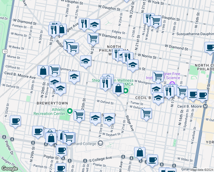 map of restaurants, bars, coffee shops, grocery stores, and more near 2301 Ridge Avenue in Philadelphia