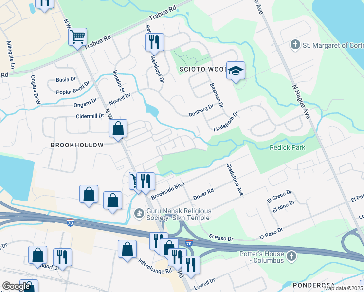 map of restaurants, bars, coffee shops, grocery stores, and more near 1431 Peachtree Court in Columbus