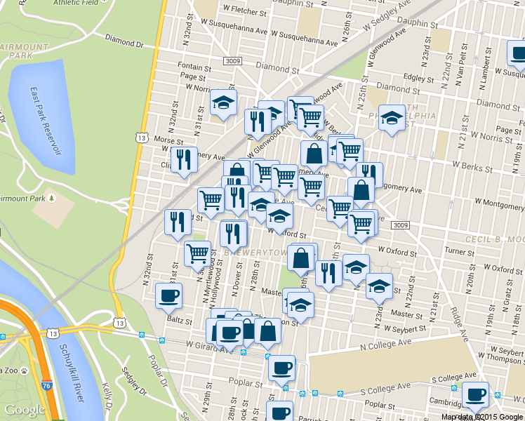 map of restaurants, bars, coffee shops, grocery stores, and more near 1634 North 28th Street in Philadelphia