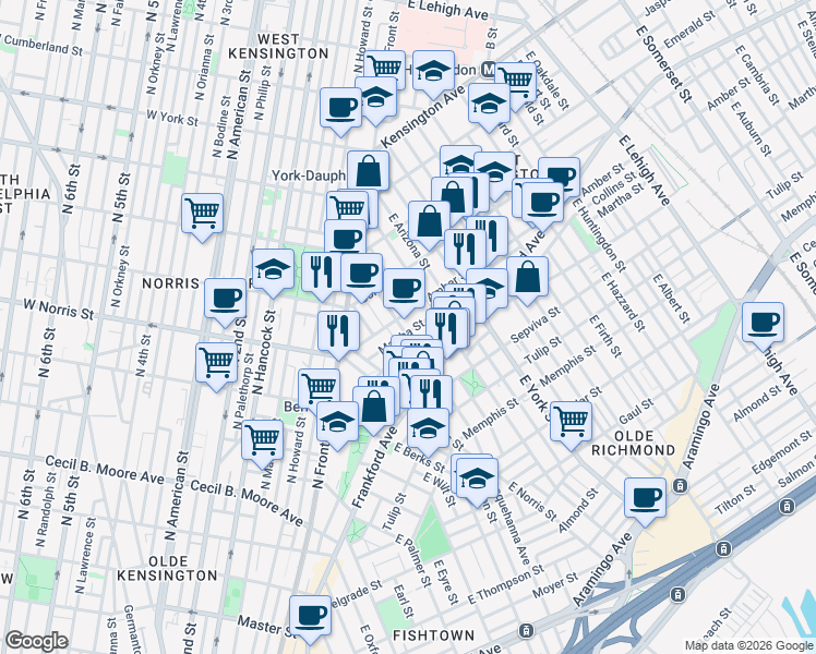map of restaurants, bars, coffee shops, grocery stores, and more near 2111 East Susquehanna Avenue in Philadelphia