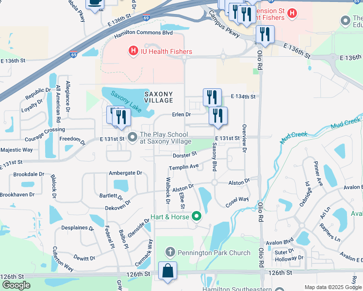 map of restaurants, bars, coffee shops, grocery stores, and more near 13044 Minden Drive in Fishers
