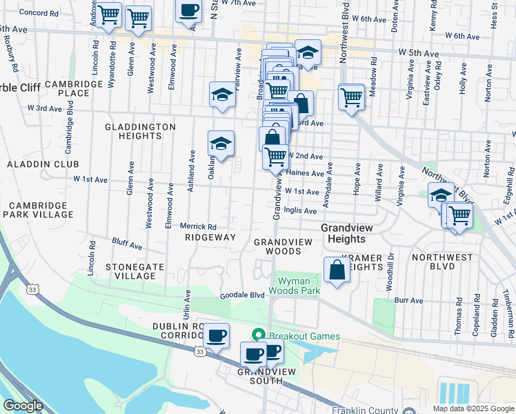 map of restaurants, bars, coffee shops, grocery stores, and more near 1154 Broadview Avenue in Columbus