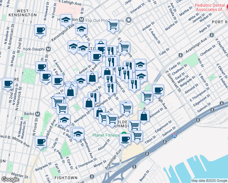 map of restaurants, bars, coffee shops, grocery stores, and more near 2319 East Firth Street in Philadelphia