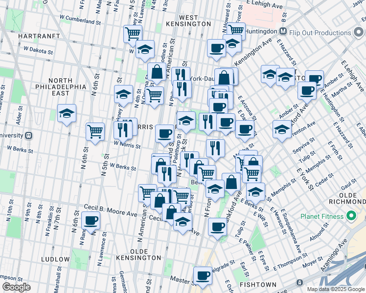 map of restaurants, bars, coffee shops, grocery stores, and more near 2030 North Hancock Street in Philadelphia