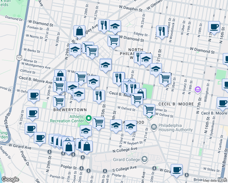 map of restaurants, bars, coffee shops, grocery stores, and more near 2331 Cecil B. Moore Avenue in Philadelphia