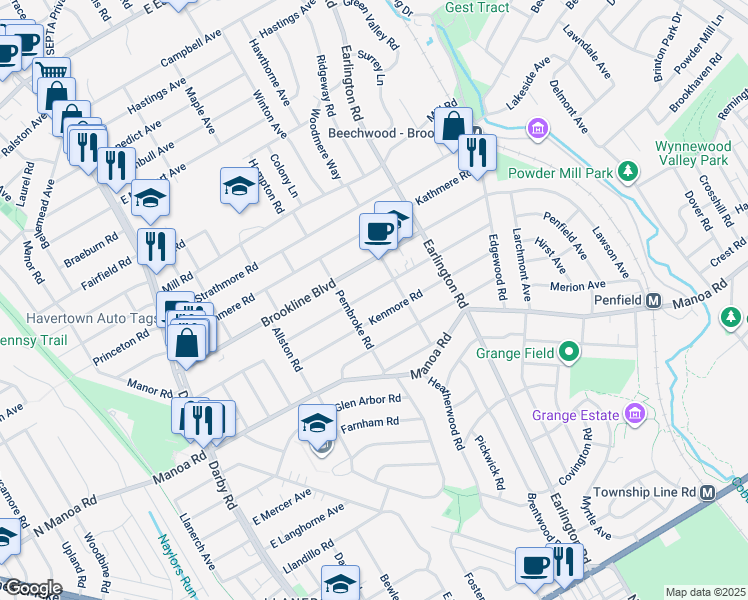 map of restaurants, bars, coffee shops, grocery stores, and more near 328 Kenmore Road in Havertown