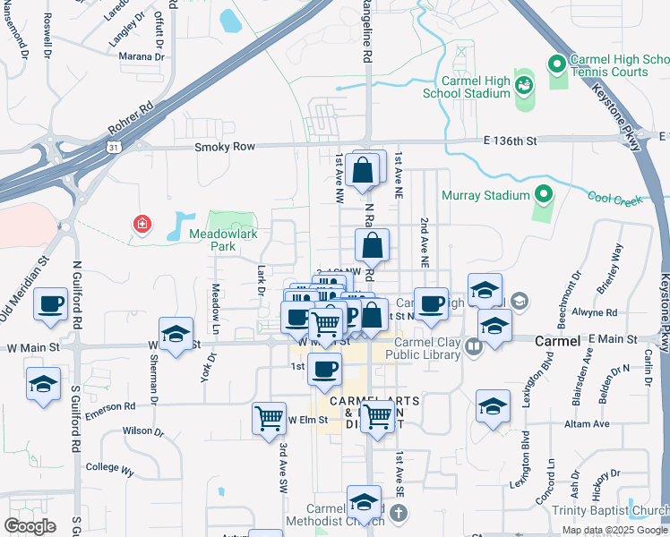 map of restaurants, bars, coffee shops, grocery stores, and more near 310 1st Avenue Northwest in Carmel