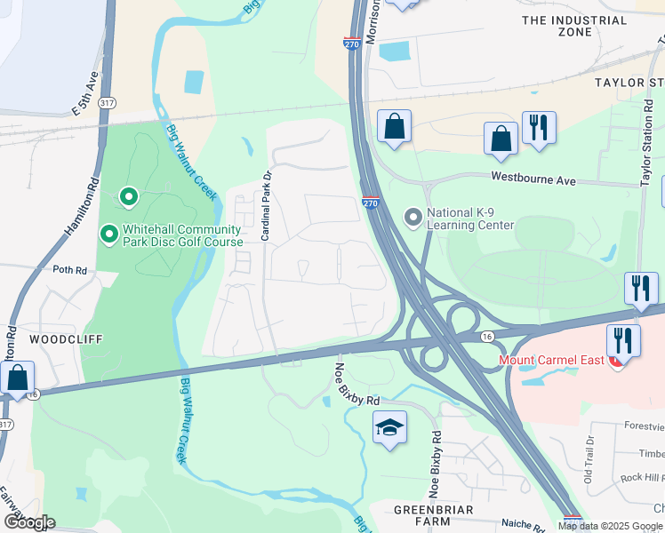 map of restaurants, bars, coffee shops, grocery stores, and more near 155 San Diego Drive in Columbus