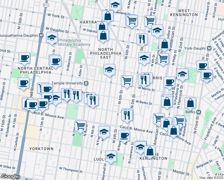 map of restaurants, bars, coffee shops, grocery stores, and more near 1930 North Marshall Street in Philadelphia