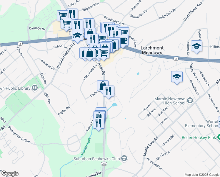map of restaurants, bars, coffee shops, grocery stores, and more near 131 Cornerstone Drive in Newtown Square