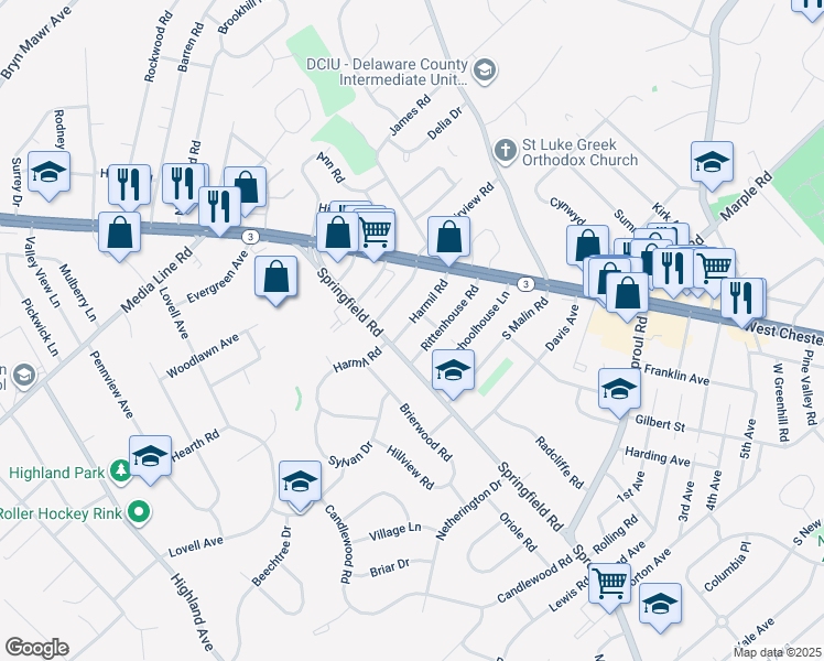 map of restaurants, bars, coffee shops, grocery stores, and more near 27 Harmil Road in Broomall